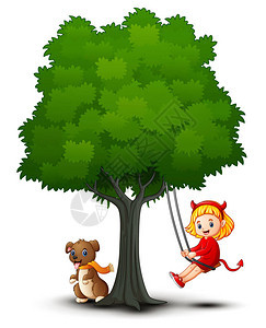 卡通恶魔女孩和狗在树下玩图片