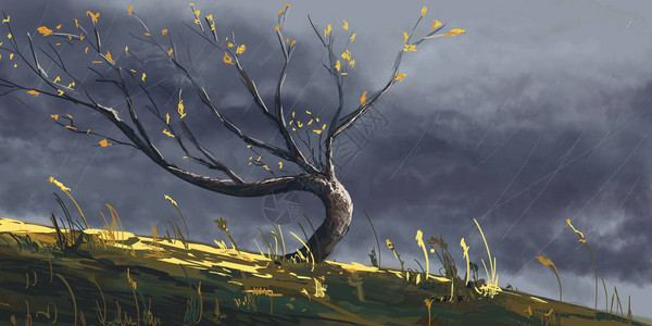 暴风雨中的秋树数字奇幻绘画图片