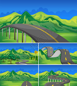宏伟山路通往山上的空路五景图插画