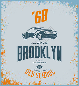 老式汽车矢量t恤标志在浅色背景下被隔离优质旧跑车标识T恤会徽插图纽约布鲁克林街头穿着出众的复古图片