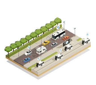 智能城市交通辅助技术将汽车融入基础设施等距视图繁忙的道路组成背景图片