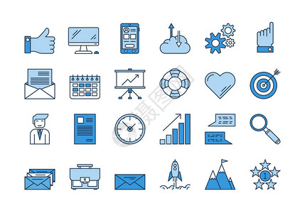 由24个线光和深蓝图标组成的矢量数据集成功的商业孤立象形图启动计算机办公项目背景图片