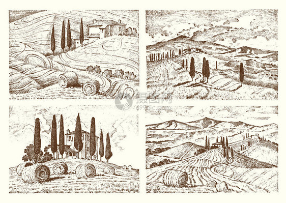 雕刻手绘旧素描和复古风格的意大利托斯卡纳领域背景和柏树收割和干草堆葡萄园和村庄或乡村房图片