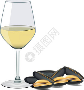 海鲜贻贝配一杯白葡萄酒图片