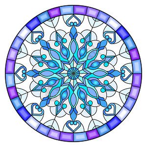 在框架圆形图像中用蓝色的雪花显示彩色玻图片