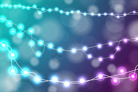 青色和紫色背景上真实的圣诞灯装饰贺卡图片