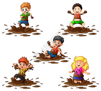 孩子们在泥泞中玩耍的矢量插图图片