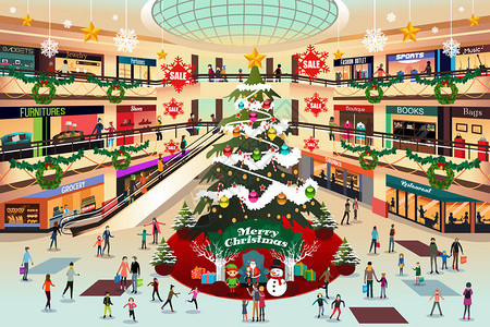 圣诞节期间购物中心的矢量图解图片