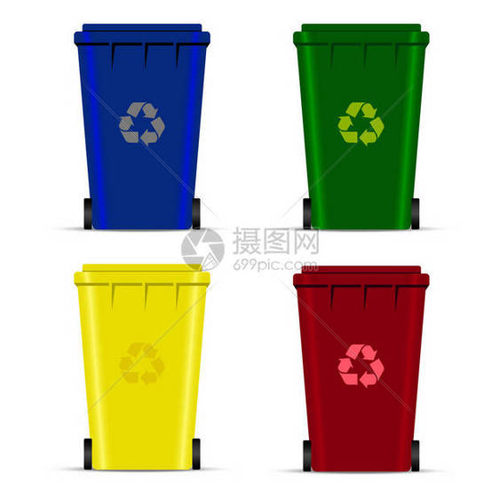 一套垃圾或垃圾回收箱矢量图标图片