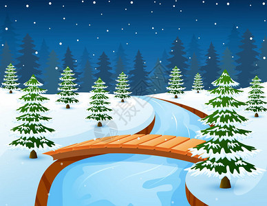 卡通冬季风貌的矢量说明森林和小木图片