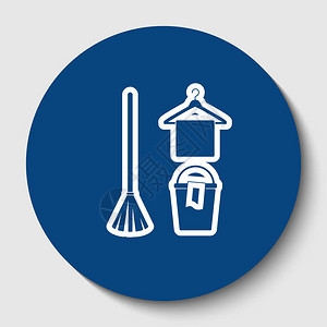 扫帚水桶和衣架标志向量白色背景上深色蔚蓝圆圈中的白色轮图片