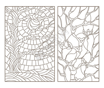 设置有树和鸟的彩色玻璃窗口的轮廓插图图片