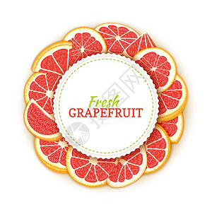 由热带红葡萄柚组成的圆形彩色框架矢量卡片插图用于食品包装果汁早餐化妆品茶排毒饮食设计的圆形柑图片