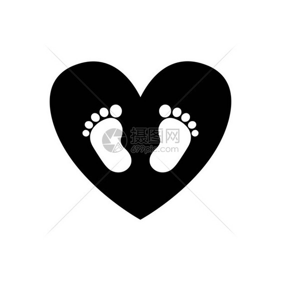 在白色背景上隔离的黑色心脏图标内的婴儿脚印黑白矢量插图图片