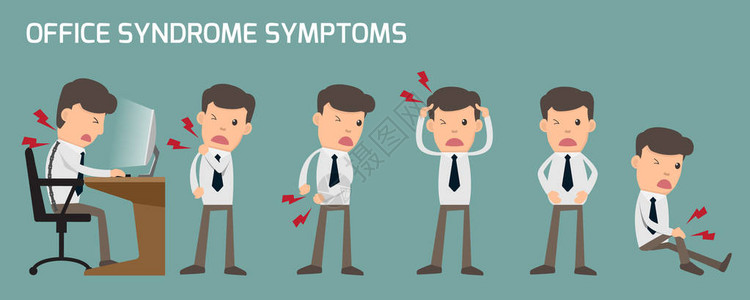 商人有办公室综合症状和对器官信息图表的影响头痛手和颈部和背部疼痛胃痛图片