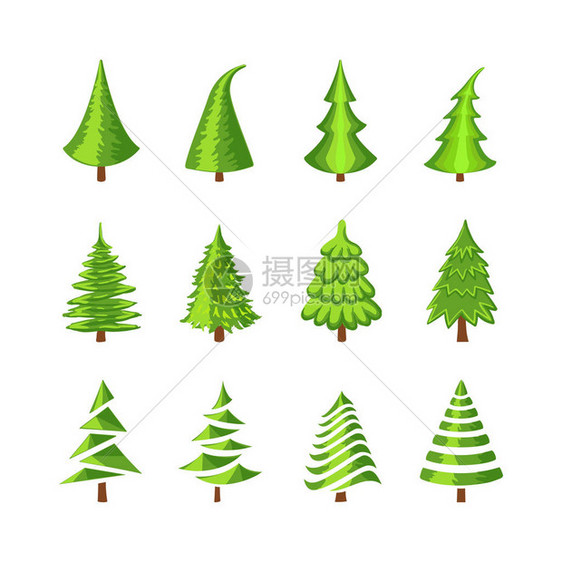 矢量彩色插图集的孤立在白色背景上的圣诞树图标可用于贺卡横图片