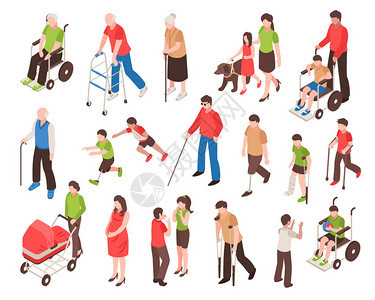 轮椅上残疾人假肢盲人和老年人的等距套背景图片