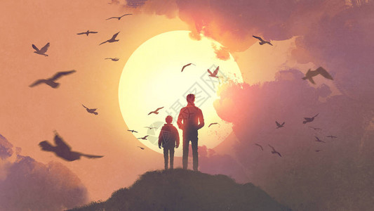 父亲和儿子的背影站在山上看着太阳在天空中升起数字艺术风格插图图片