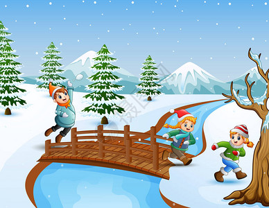 在雪山桥上的快乐孩子的矢量插图降图片