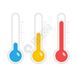 在平面样式中设置的温度图标简单的气象温度计测量孤立在白色背景上的热和冷显示炎热中等和寒冷天气的温度计矢量图背景图片