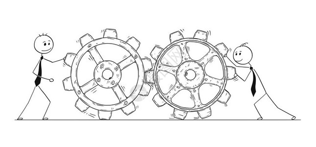 棍棒手绘制两个商人推动旋轮齿具的概念图解图片