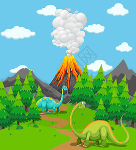 两只恐龙和火山喷发图背景图片