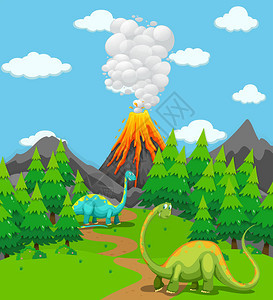 两只恐龙和火山喷发图图片