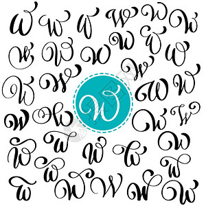 字体设计手绘矢量书法字母W脚本字体集用墨水写的孤立的字母手写笔刷风格标志包装设计插画