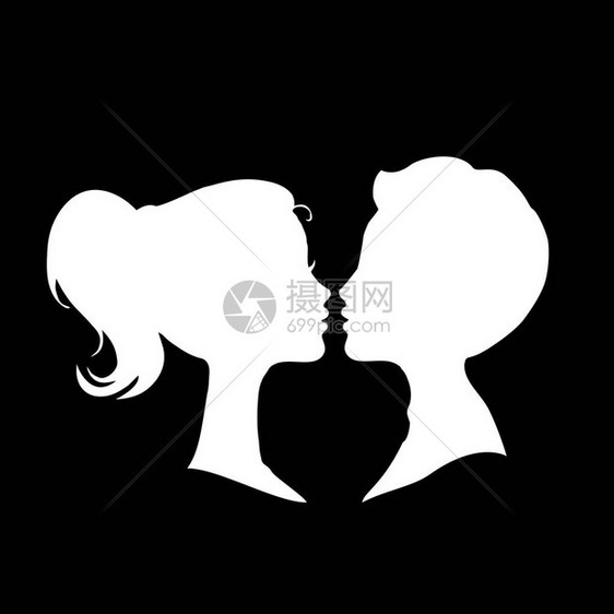 在黑色背景上孤立的恩爱夫妻的白色剪影单色矢量插图标爱情符号图片
