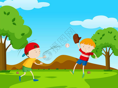 两个男孩在公园插图中打棒球背景图片