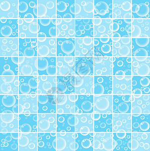 可爱的婴儿卡通壁纸与蓝色和白色瓷砖浴室背景上的浮动气泡矢量插图横幅海报模板用于包装纸或织物纺图片