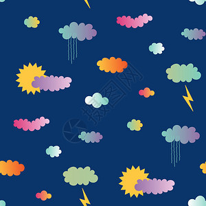 手画无缝的图案雨和云蓝色背景矢量图片