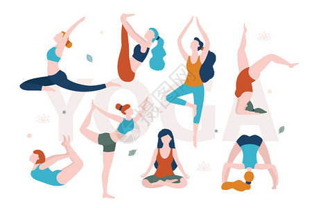 苗条和超重的女在不同的姿势做瑜伽图片