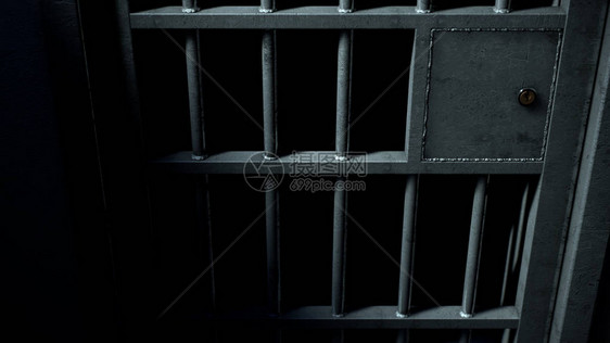 在昏暗的黑暗背景上用焊接铁条封闭的监狱牢房锁定机构的特图片