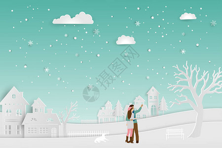 冬季的爱情概念双脚站在雪上与城市图片