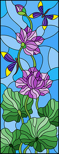 以彩色玻璃风格用莲叶和花朵紫花和图片