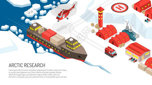 北极研究极地站沉降等距海报与破冰船履带车辆摩托直升机着陆直升机背景图片