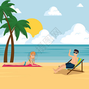 快乐的情侣在海滩上晒日光浴暑假期矢量图片