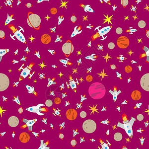 平板设计风格紫底星行和恒星在空间飞行的航天船舶矢量背景图片