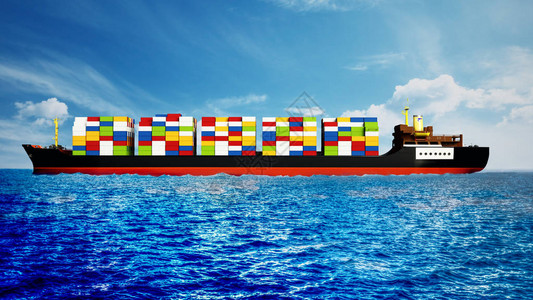 装载多色集装箱的货船3D插图图片