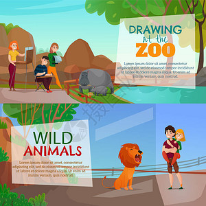 动物园游客水平横幅与年轻艺术家画生活在动物园卡通矢量插图图片