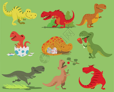 卡通矢量恐龙霸王龙字符恐龙和侏罗纪霸王龙攻击插图集古代动物老爬行动物与牙齿猎人睡眠张开图片