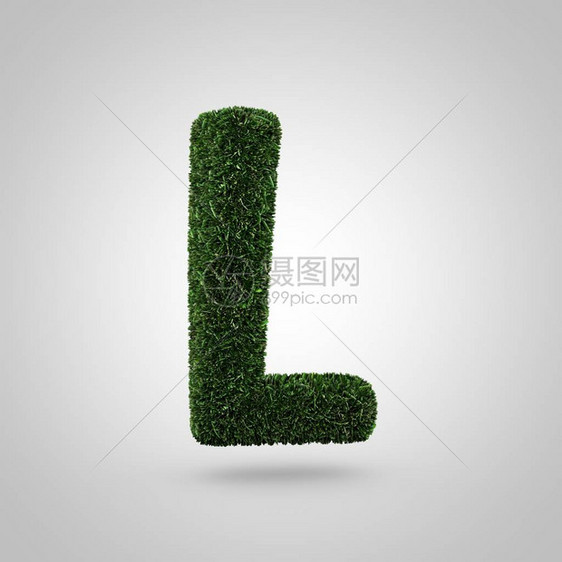 草字母L大写3D渲染字体与绿色草坪纹理孤立在白色背景图片