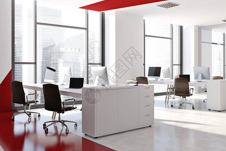 白色和红色办公室内部配有白色电脑桌黑色椅子和白色和红色侧视图3图片