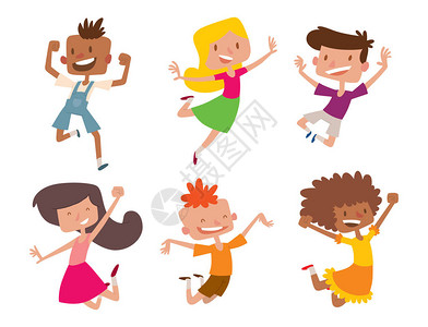 不同位置的快乐儿童大矢量跳跃快乐儿童组和有趣的卡通儿童快乐团队笑小人喜欢生图片