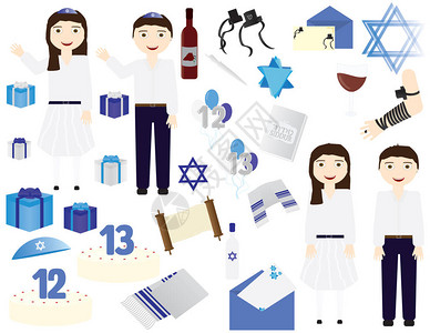 一套犹太人酒吧和犹太教成人礼的标志片段对犹太女孩BatMitzvah病媒图片