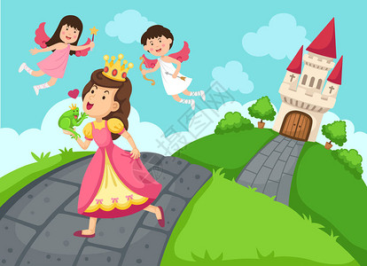 女王童话城堡和景观矢量的插图图片