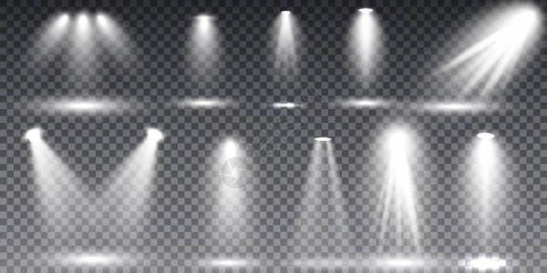大集合逼真的白色场景照明剧院工作室商业演示聚光灯透明背景图片