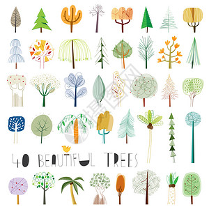 一组四十个抽象树的矢量插图图片