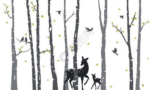 树间鸟和鹿的单色剪影图片